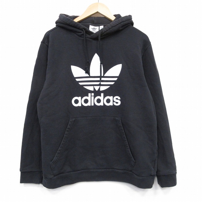 L★古着 アディダス adidas 長袖 スウェット パーカー メンズ ビッグロゴ リーフトレフォイルコットン 黒 25nov18