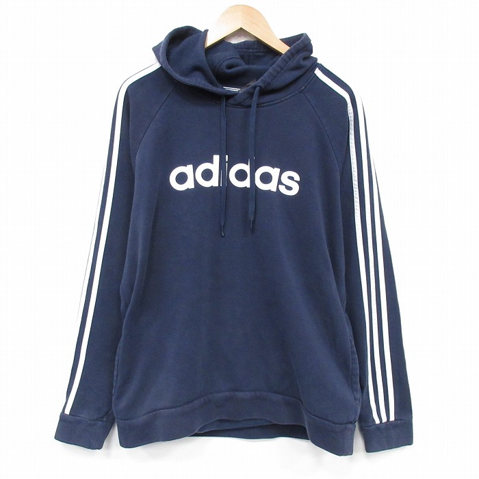 L★古着 アディダス adidas 長袖 スウェット パーカー メンズ ビッグロゴ ラグラン 紺 3本ライン 25nov18