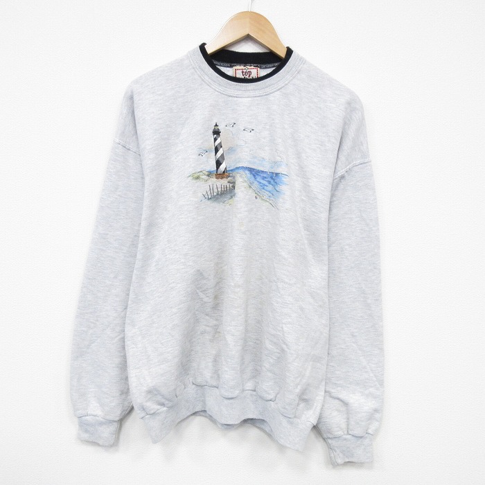 XL★古着 長袖 スウェット メンズ 00年代 00s 灯台 クルーネック 薄グレー 霜降り 25nov18