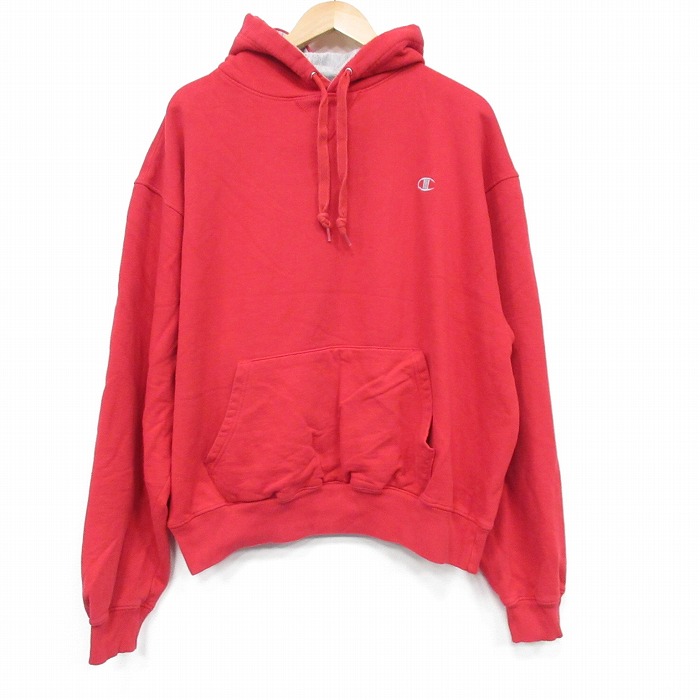 チャンピオン 長袖パーカー ワンポイントロゴ レッド XL | 古着