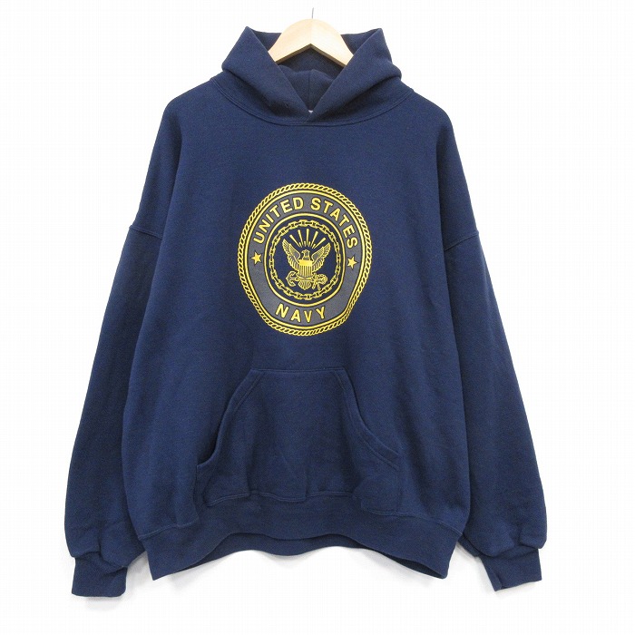 XL★古着 長袖 スウェット パーカー メンズ 90年代 90s ミリタリー USネイビー リフレクター 大きいサイズ USA製 紺 25nov19