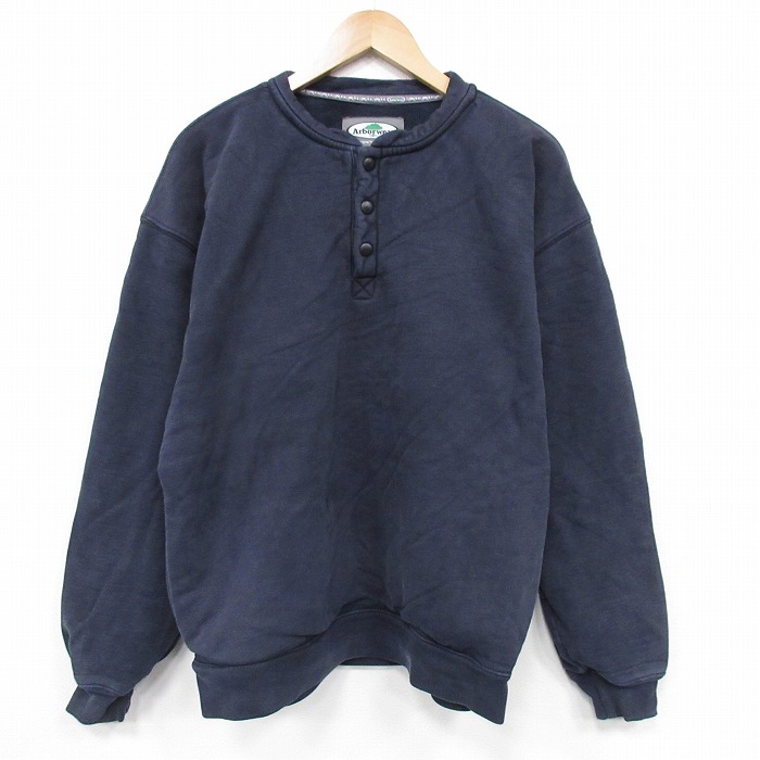 L★古着 Arborwear 長袖 スウェット パーカー メンズ スナップ ワンポイントロゴ コットン ヘンリーネック 紺 25nov19
