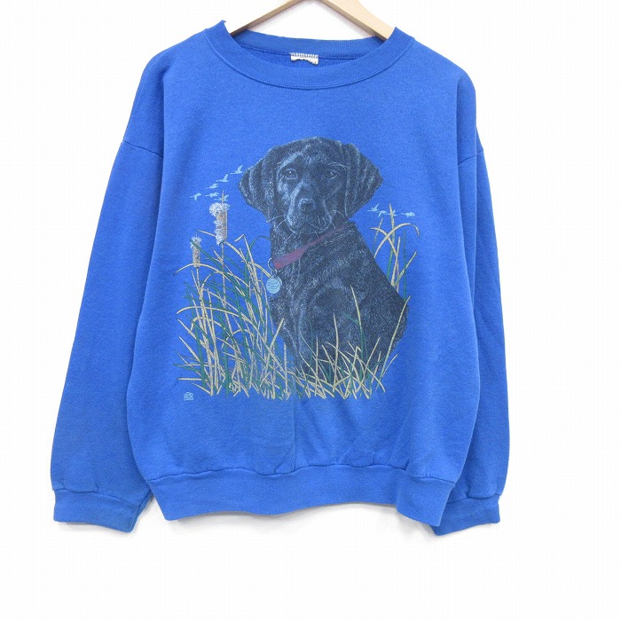 XL★古着 長袖 スウェット メンズ 90年代 90s 犬 クルーネック 青 25nov20