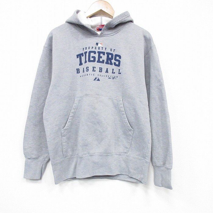 M★古着 マジェスティック 長袖 スウェット パーカー メンズ 00年代 00s  MLBデトロイトタイガース 薄グレー 霜降りアメジャーリーグ ベースボール 野球 25nov20