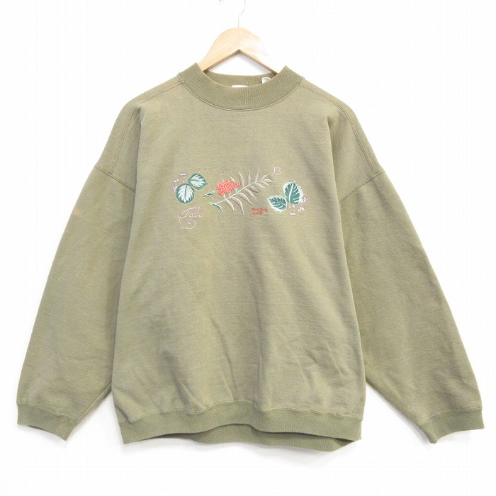 XL★古着 ギャップ GAP  長袖 スウェット メンズ 90年代 90s 花 刺繍 クルーネック 薄緑 25nov20