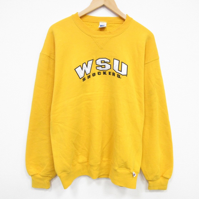 L★古着 ラッセル 長袖 スウェット メンズ 00年代 00s WSU 刺繍 クルーネック 濃黄 25nov20