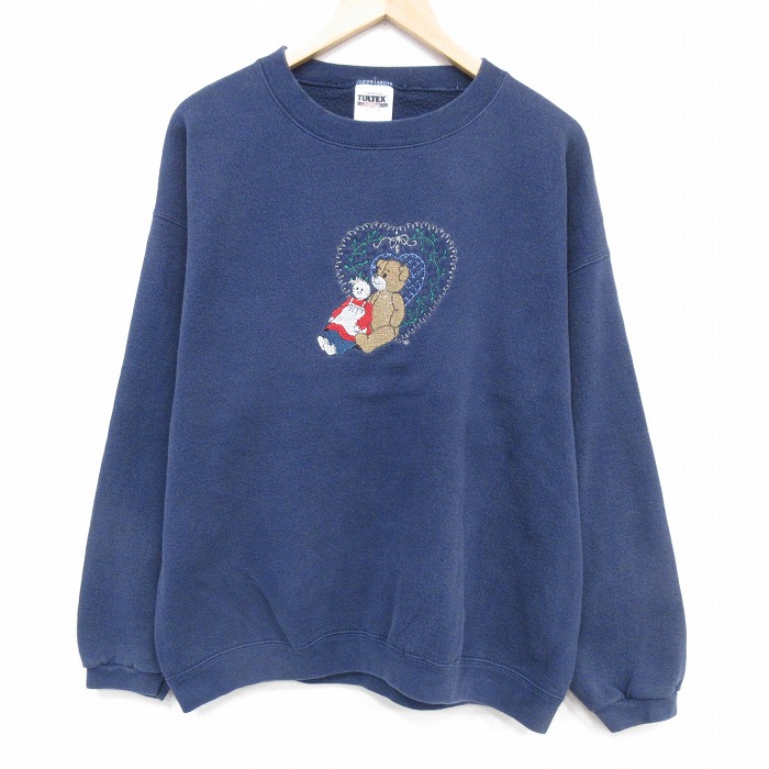 XL★古着 TULTEX 長袖 スウェット メンズ 90年代 90s クマ 刺繍 クルーネック 紺 25nov20