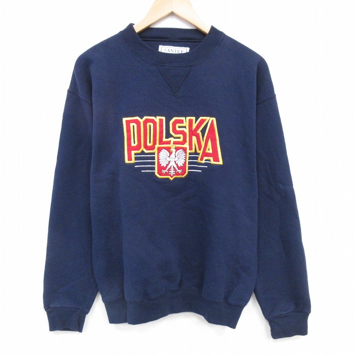 90s 長袖スウェット ポーランド刺繍 ネイビー M | 古着