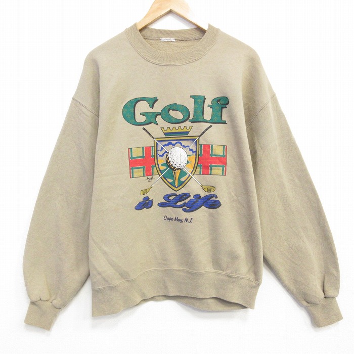 L★古着 長袖 スウェット メンズ 90年代 90s ゴルフ クルーネック 濃ベージュ 25nov28