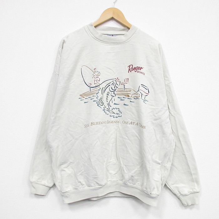 XL★古着 長袖 スウェット メンズ 90年代 90s 魚 大きいサイズ コットン クルーネック USA製 ベージュ 25nov29