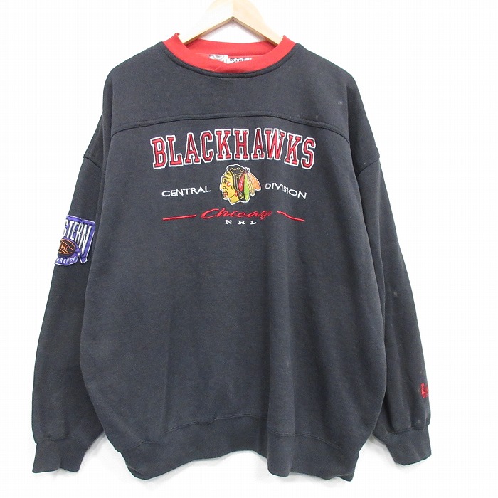 XL★古着 リー Lee 長袖 スウェット メンズ 00年代 00s NHL シカゴブラックホークス 刺繍 大きいサイズ クルーネック 濃グレー アイスホッケー 25nov29