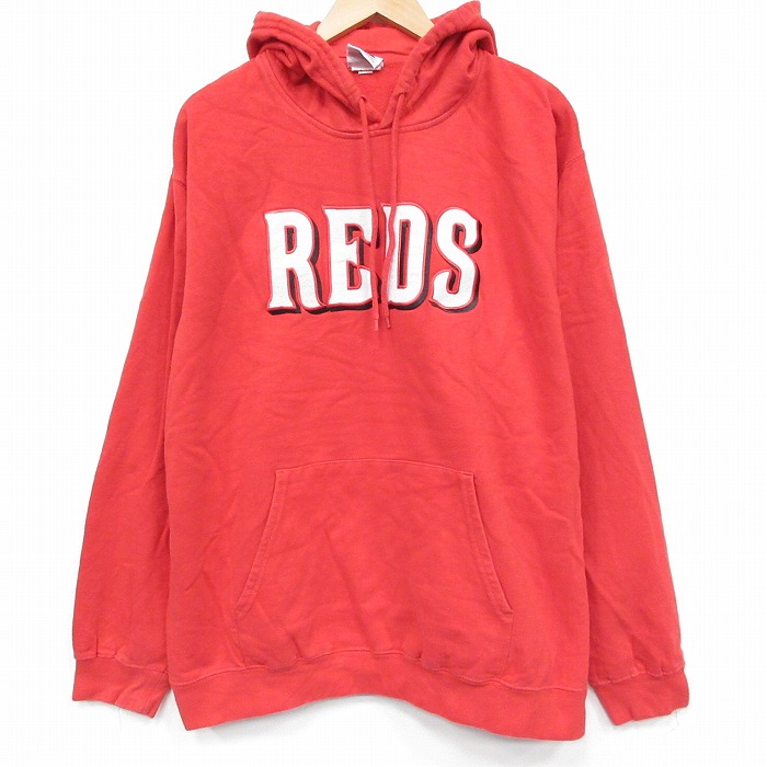 XL★古着 マジェスティック 長袖 スウェット パーカー メンズ MLB シンシナティレッズ 刺繍 大きいサイズ 赤 メジャーリーグ ベースボール 野球 25dec08