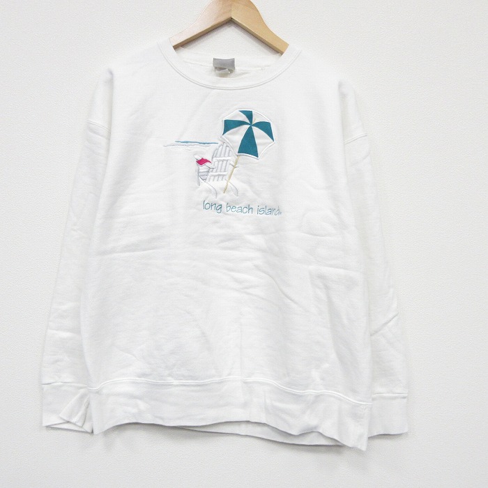 90s 長袖スウェット ロングビーチ刺繍 ホワイト L | 古着