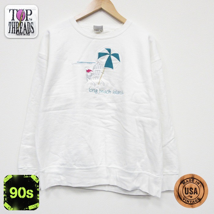 【50%OFF】90s 長袖スウェット ロングビーチ刺繍 ホワイト L | 古着