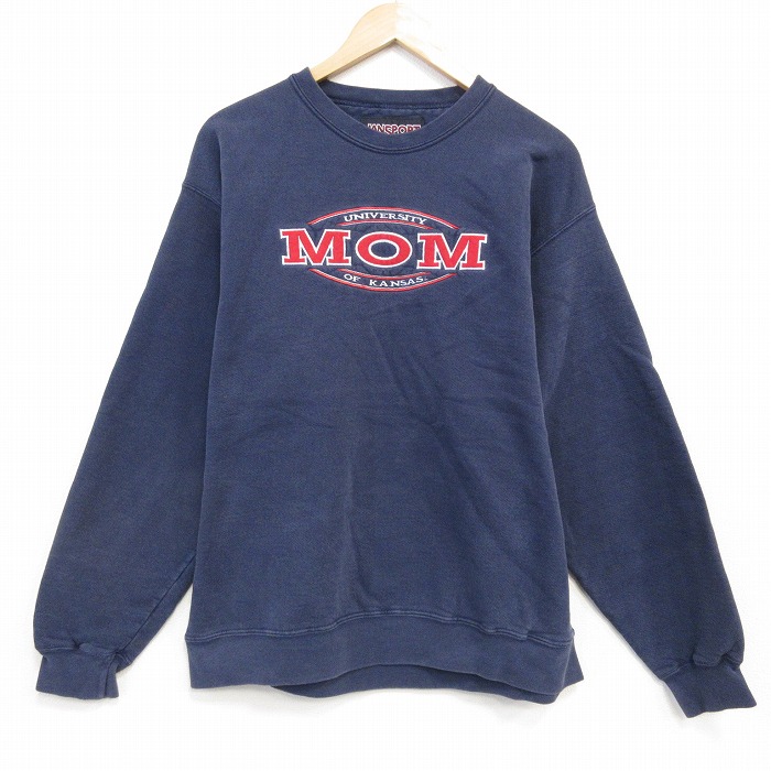 L★古着 ジャンスポーツ 長袖 スウェット メンズ 00年代 00s MOM 刺繍 クルーネック紺 25dec04