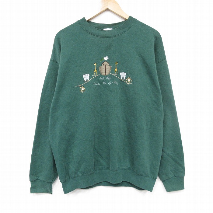 【20%OFF】L★古着 長袖 スウェット メンズ 90年代 90s 船 刺繍 クルーネック USA製 緑 25dec05