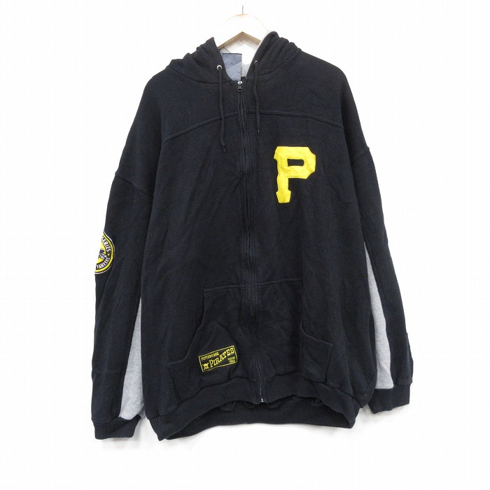 XL★古着 長袖 フルジップ スウェット パーカー メンズ MLB ピッツバーグパイレーツ 大きいサイズ 黒 メジャーリーグ ベースボール 野球 25dec05