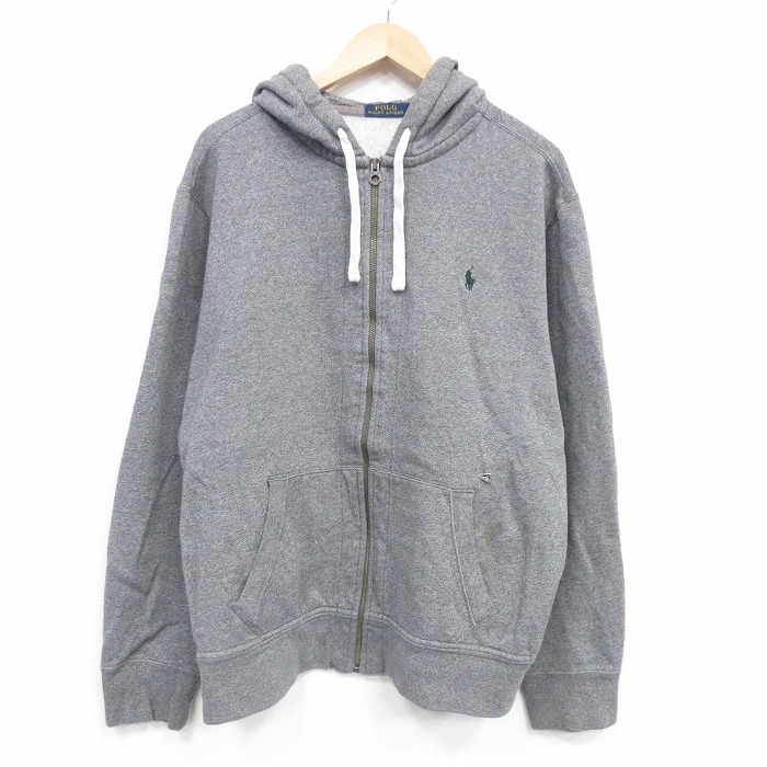 XL★古着 ラルフローレン 長袖 ブランド フルジップ スウェット パーカー メンズ ワンポイントロゴ 大きいサイズ 濃グレー 霜降り 25dec04
