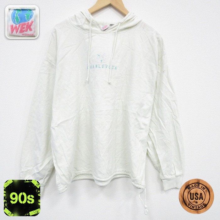 【50%OFF】WEK 90s 長袖パーカー CHARLEVOIX刺繍 ホワイト XL | 古着