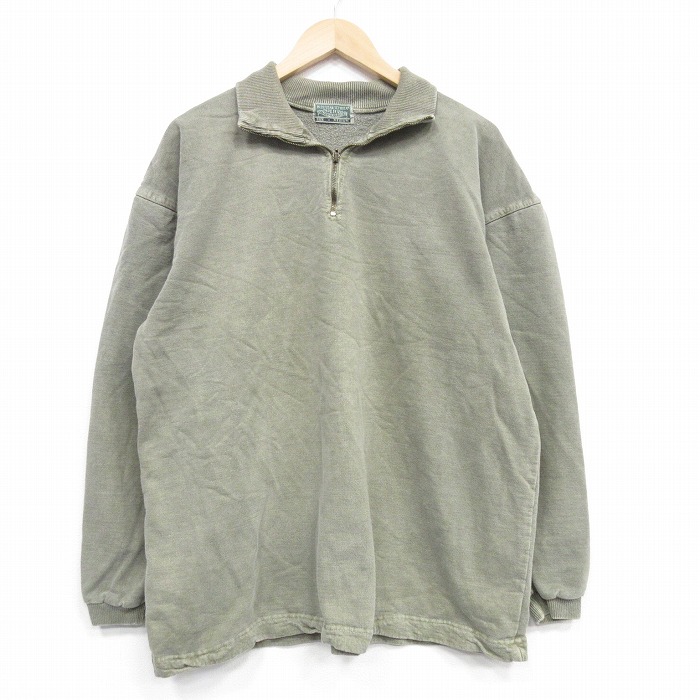 XL★古着 長袖 ハーフジップ スウェット メンズ 90年代 90s 無地 コットン USA製 薄緑 25dec05