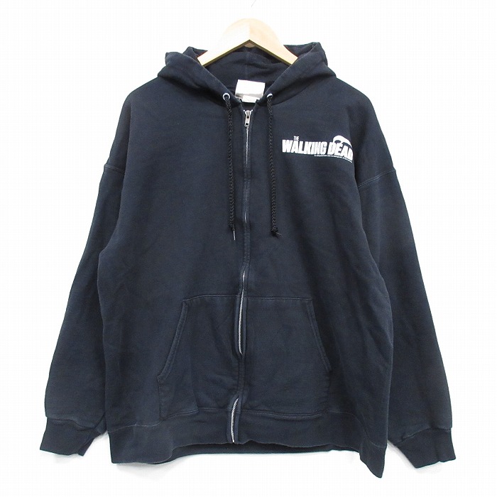XL★古着 ヘインズ 長袖 フルジップ スウェット パーカー メンズ ドラマ ウォーキングデッド 黒 25dec06