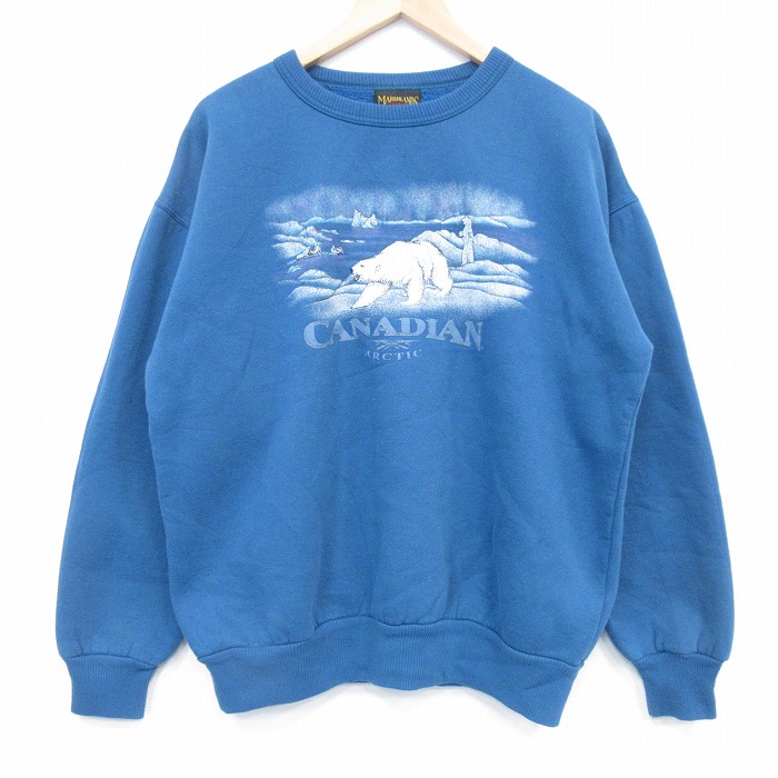 XL★古着 長袖 スウェット メンズ 90年代 90s シロクマ クルーネック カナダ製 青 25dec06