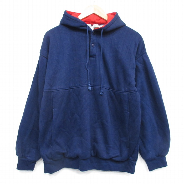 【20%OFF】L★古着 長袖 スウェット パーカー メンズ 90年代 90s 無地 アクリル 紺 内側サーマル 25dec06