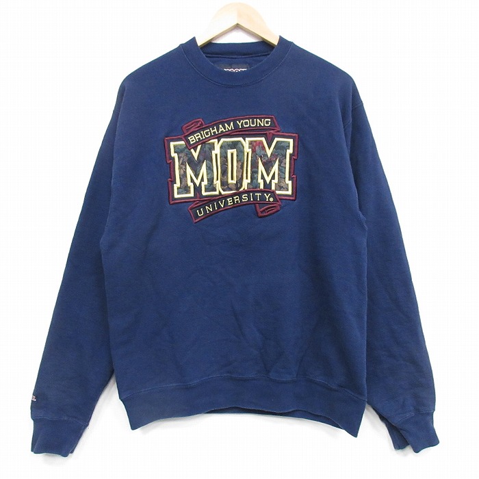 M★古着 ジャンスポーツ 長袖 スウェット メンズ 00年代 00s MOM 刺繍 クルーネック 紺 25dec06