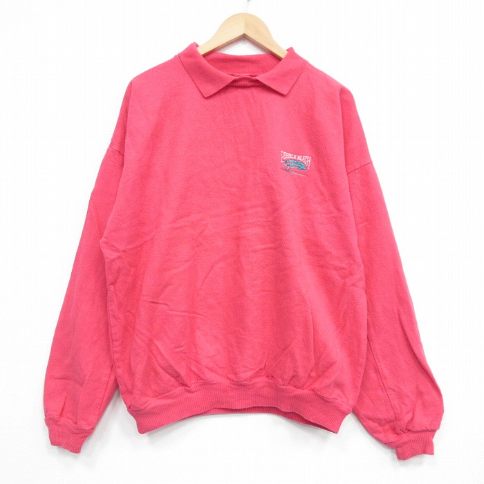 XL★古着 Crazy Shirts 長袖 スウェット メンズ 90年代 90s 木 大きいサイズ コットン 襟付き USA製 濃ピンク 25dec06