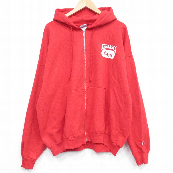 XL★古着 チャンピオン champion長袖 フルジップ スウェット パーカー メンズ 00年代 00s ネブラスカ ハスカーズ 大きいサイズ 赤 25dec06