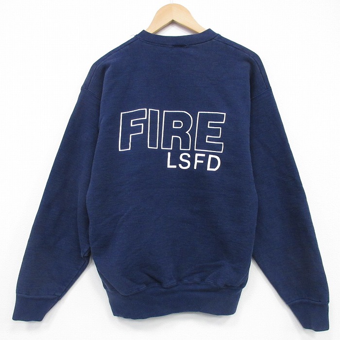 L★古着 フルーツオブザルーム 長袖 スウェット メンズ 90年代 90s FIRE クルーネック USA製 紺 25dec08
