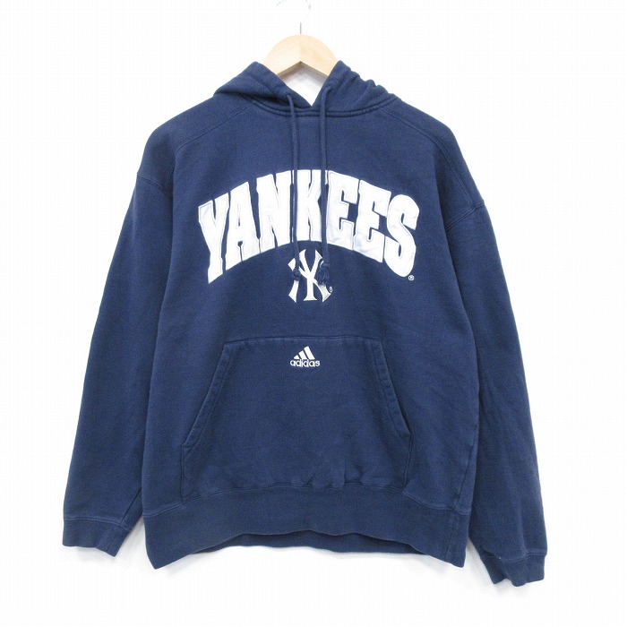 L★古着 アディダス adidas 長袖 スウェット パーカー メンズ MLB ニューヨークヤンキース 刺繍 紺 メジャーリーグ ベースボール 野球 25dec09