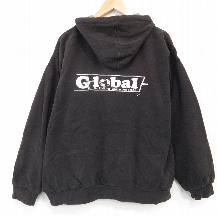 【20%OFF】XL★古着 長袖 フルジップ スウェット パーカー メンズ グローバル 大きいサイズ 黒 内側サーマル 25dec09