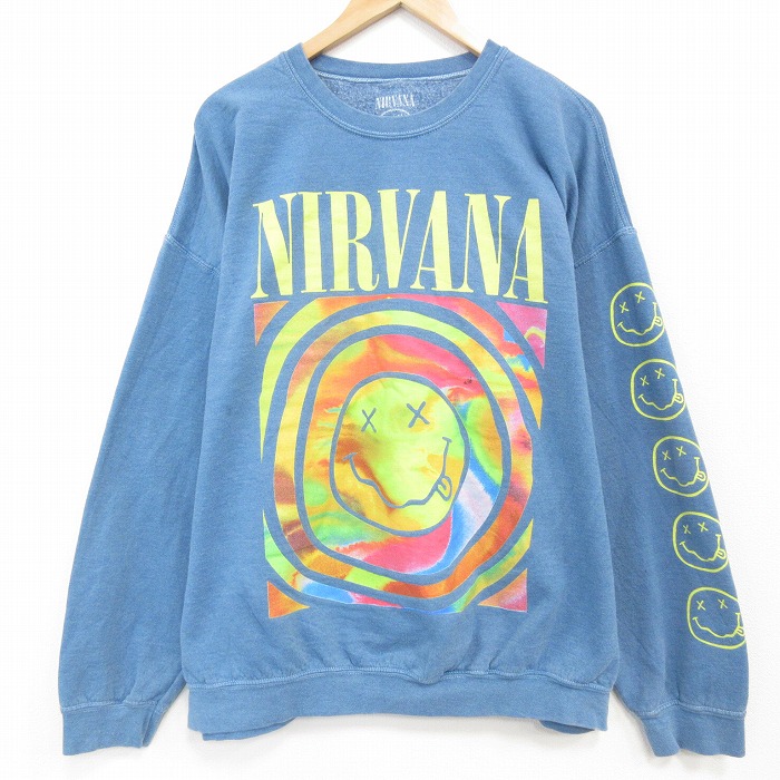 【20%OFF】XL★古着 長袖 ロック バンド スウェット メンズ ニルバーナ ニルヴァーナ 大きいサイズ クルーネック 薄紺 霜降り【spe】 25dec09