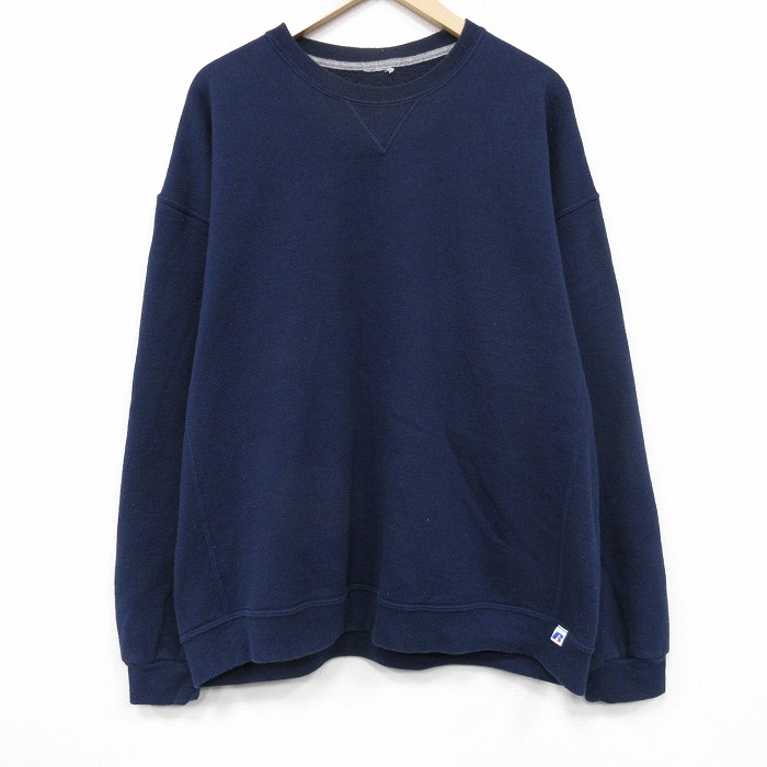 XL★古着 ラッセル 長袖 スウェット メンズ 00年代 00s 無地 クルーネック 紺 25dec10