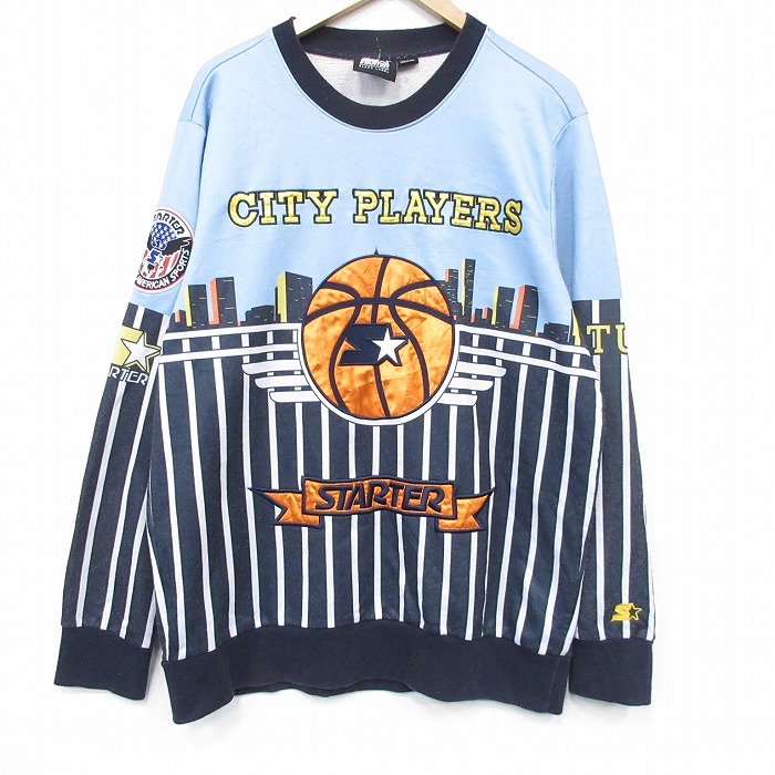 XL★古着 スターター 長袖 スウェット メンズ バスケットボール クルーネック 水色 ストライプ【spe】 25dec10