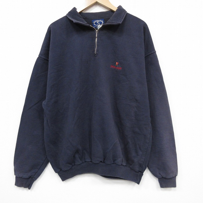 XL★古着 長袖 ハーフジップ スウェット メンズ DEVILS 大きいサイズ コットン 襟付き 紺 25dec11