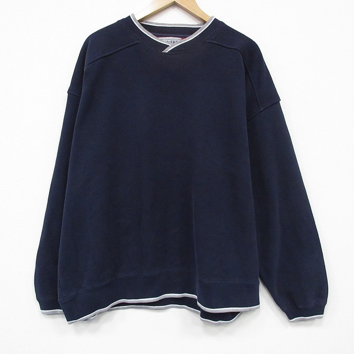 XL★古着 長袖 スウェット メンズ 00年代 00s 無地 大きいサイズ Vネック 紺 25dec11