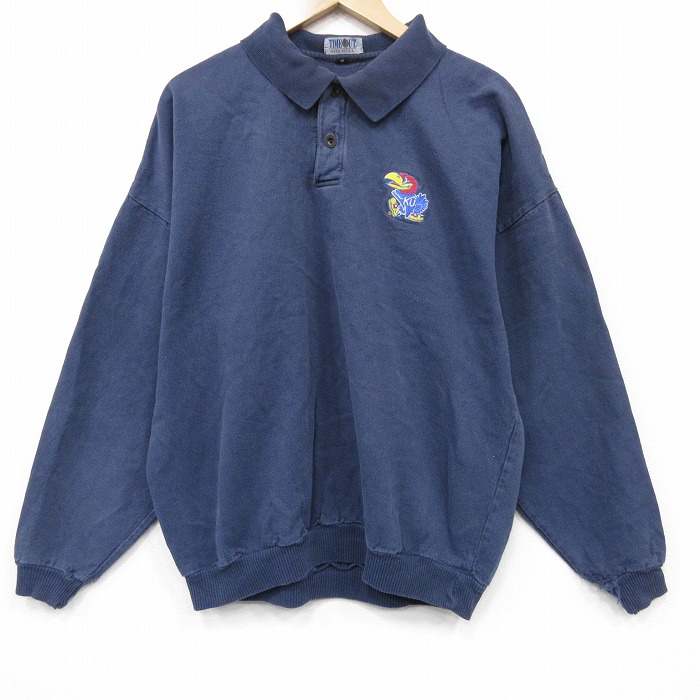 XL★古着 長袖 トップス メンズ 90年代 90s カンザスジェイホークス 大きいサイズ コットン 襟付き USA製 濃紺 25dec11