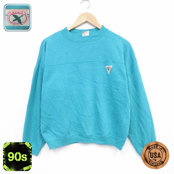 【50%OFF】90s ラグランスウェット ワンポイントロゴ ブルーグリーン M | 古着