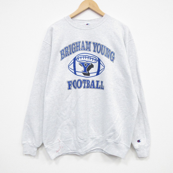 XL★古着 チャンピオン champion 長袖 スウェット メンズ 90年代 90s フットボール クルーネック USA製 薄グレー 霜降り 25dec12