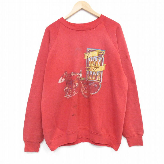XL★古着 フルーツオブザルーム 長袖 スウェット メンズ 80年代 80s バイク ラグラン クルーネック USA製 赤 25dec12