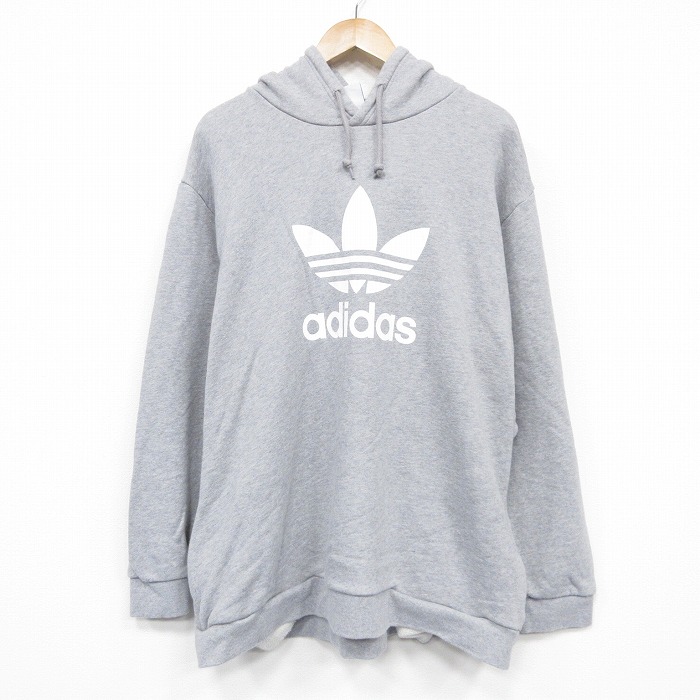 XL★古着 アディダス adidas  長袖 スウェット パーカー メンズ ビッグロゴ リーフ トレフォイル 大きいサイズ グレー 霜降り 25dec12