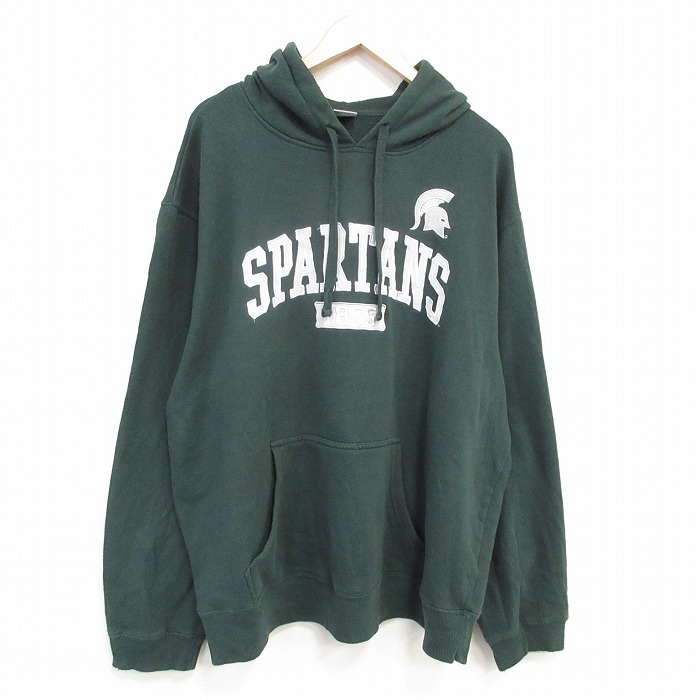 XL★古着 長袖 スウェット パーカー メンズ スパルタンズ 大きいサイズ 濃緑 25dec10