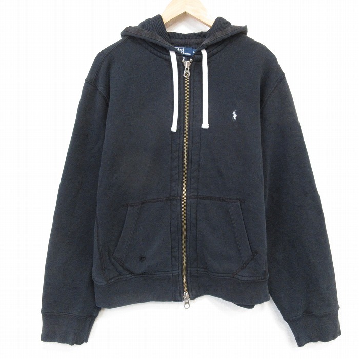 XL★古着 ラルフローレン 長袖 ブランド スウェット パーカー メンズ 黒90年代 90s ワンポイントロゴ  内側サーマル 25dec11