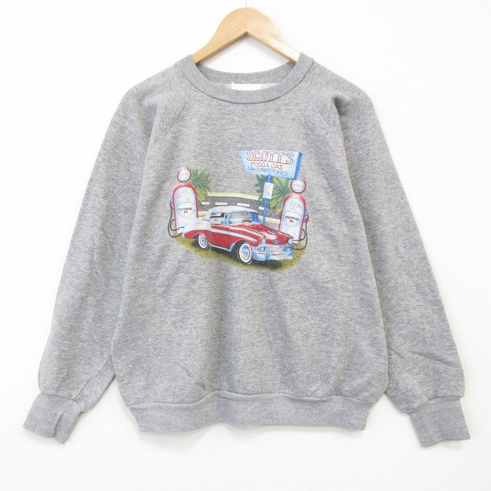 L★古着 ヘルスニット 長袖 スウェット メンズ 90年代 90s 車 ラグラン クルーネック グレー 霜降り 25dec11