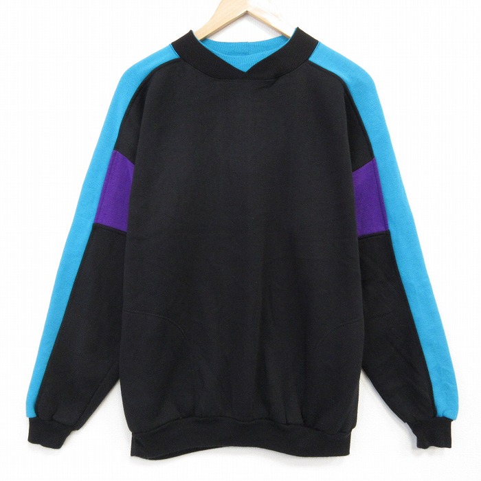 XL★古着 長袖 スウェット メンズ 90年代 90s 無地 アクリル クルーネック 黒他 25dec11