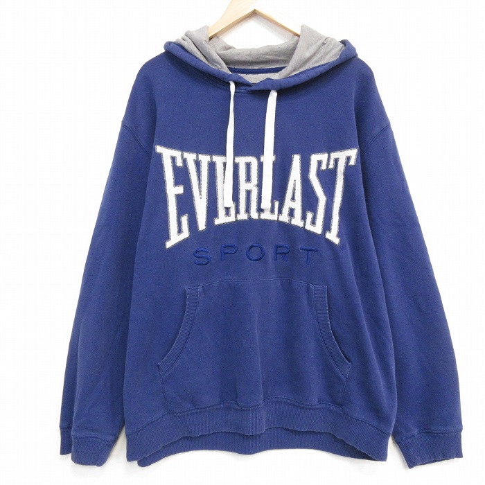 XL★古着 EVERLAST 長袖 スウェット パーカー メンズ ビッグロゴ 刺繍 大きいサイズ 紺 25dec11