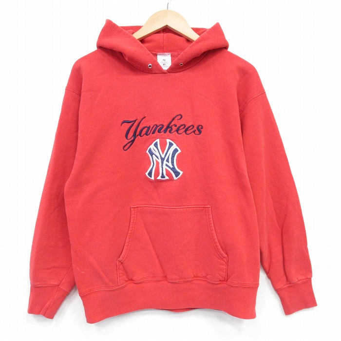 M★古着 長袖 スウェット パーカー メンズ 00年代 00s MLB ニューヨークヤンキース 刺繍 赤 メジャーリーグ ベースボール 野球 25dec12