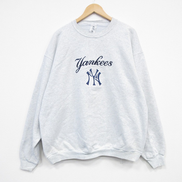 XL★古着 長袖 スウェット メンズ 00年代 00s MLB ニューヨークヤンキース  刺繍 大きいサイズ クルーネック 薄グレー 霜降り メジャーリーグ ベースボール 野球 25dec12